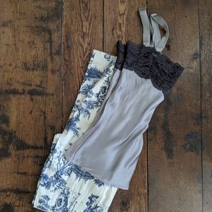 Vintage Silk Grey Tank Top with Lace Embroidery